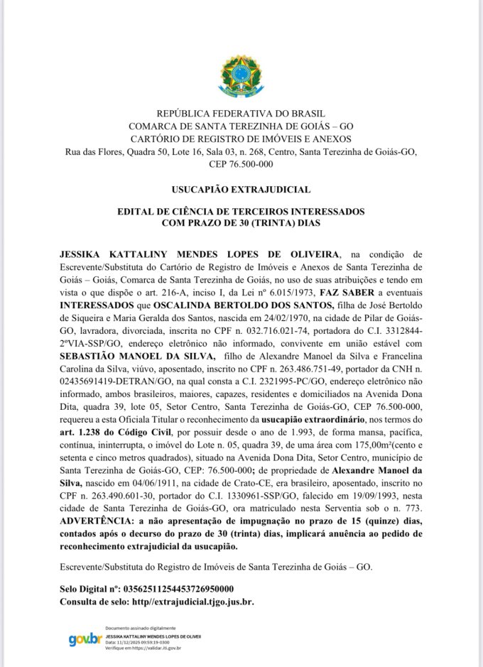 EDITAL DE CIÊNCIA DE TERCEIROS   		INTERESSADOS COM PRAZO DE 30 (TRINTA) DIAS