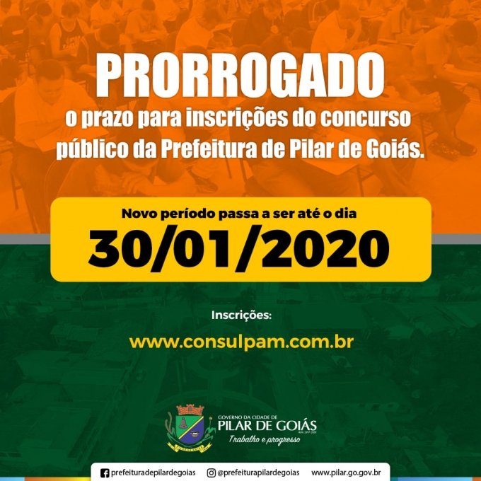 Prorrogado prazo para inscriÃ§Ãµes do concurso pÃºblico da Prefeitura de Pilar de GoiÃ¡s