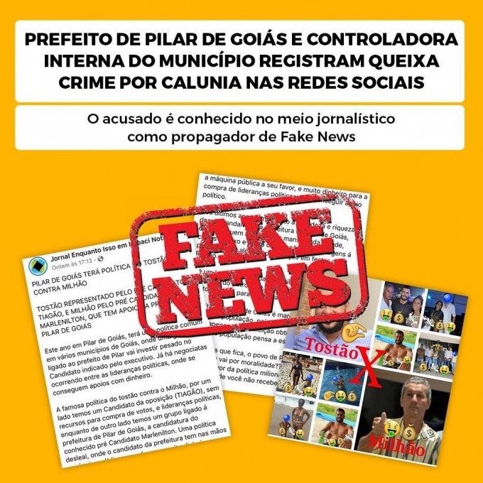 Prefeito de Pilar de GoiÃ¡s e controladora interna do municÃ­pio registram queixa crime por calunia nas redes sociais