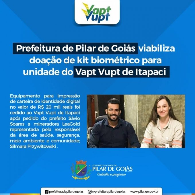 Prefeitura de Pilar de GoiÃ¡s Viabiliza DoaÃ§Ã£o de Kit BiomÃ©trico Para Unidade do Vapt Vupt de Itapaci